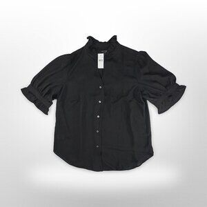 Ann Taylor Black Ruffle Collar Button-Down Blouse - Small